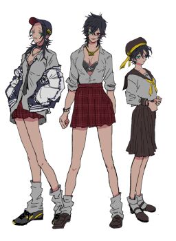 3girls arms_at_sides badge baseball_cap black_bra black_choker black_hair black_hat black_necktie black_shoes black_skirt blue_eyes blue_hat blue_jacket bra bra_peek bracelet breasts brown_shoes buster_bros!!! button_badge choker cigarette cleavage clenched_hand collared_shirt commentary ear_piercing earrings expressionless full_body genderswap genderswap_(mtf) gold_necklace green_eyes hair_between_eyes hands_in_pockets hat hat_pin hat_ribbon heterochromia highres hoop_earrings hypnosis_mic jacket jewelry knees_together_feet_apart legs_apart loafers looking_at_viewer loose_necktie loose_socks mary_janes medium_breasts medium_hair medium_skirt miniskirt miso_senshu mole mole_under_eye mole_under_mouth mouth_hold mullet multicolored_jacket multiple_girls multiple_moles neckerchief necklace necktie off_shoulder open_clothes open_jacket parted_bangs parted_lips partially_unbuttoned piercing plaid_clothes plaid_skirt pleated_skirt raised_inner_eyebrows red_eyes red_skirt ribbon sailor_hat school_uniform serafuku shirt shirt_tucked_in shoes short_hair siblings side-by-side sideways_glance simple_background sisters skirt sleeves_rolled_up smile smoking sneakers socks standing studded_choker sukajan tareme two-tone_jacket underwear v-shaped_eyebrows white_background white_jacket white_shirt white_socks wolf_cut yamada_ichiro yamada_jiro yamada_saburo yellow_eyes yellow_neckerchief yellow_ribbon
