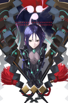 1girl black_bodysuit black_eyes blazpu bodysuit breasts fate/grand_order fate_(series) grey_bodysuit highres katana looking_at_viewer medium_breasts multicolored_bodysuit neon_trim parted_bangs purple_hair short_hair solo sword two-tone_bodysuit ushi_gozen_(avenger)_(fate) ushi_gozen_(fate) weapon