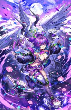 1girl bandaid bandaid_on_face beak bird black_bra black_gloves black_jacket blue_eyes blue_hair blue_jacket bra breasts cleavage commission feathers fingerless_gloves full_body gloves green_jacket high_ponytail highres jacket large_breasts long_hair melody_(projektmelody) miniskirt multicolored_hair multicolored_jacket ponytail purple_hair purple_skirt robot_girl sa-dui skirt solo_focus standing standing_on_liquid streaked_hair swan t0m_(projektmelody) talons underwear virtual_youtuber vshojo water_drop white_feathers