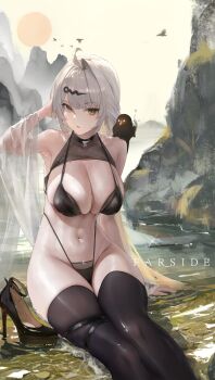 1girl absurdres ahoge alternate_costume animal animal_on_shoulder armpits artist_name bare_shoulders bikini bird bird_on_shoulder black_bikini black_collar black_shoes black_thighhighs breasts cleavage collar commentary_request far_side feet_out_of_frame hair_ornament hand_up high_heels highres large_breasts long_hair looking_at_viewer mole mole_on_breast navel outdoors parted_lips patent_heels platform_heels pumps revision shoes single_hair_intake sitting solo stiletto_heels stomach swimsuit thigh_strap thighhighs thighs toned toned_female unworn_shoes very_long_hair wet yellow_eyes yixuan_(zenless_zone_zero) zenless_zone_zero