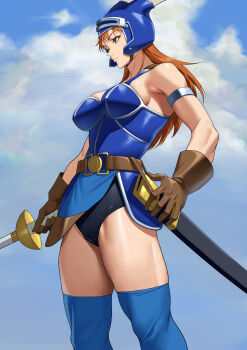 1girl absurdres armor belt black_panties blue_armor blue_helmet blue_thighhighs breasts brown_belt brown_eyes brown_gloves brown_hair cameltoe cloud cloudy_sky commentary_request cowboy_shot daisy_(dq) dragon_quest dragon_quest_yuusha_abel_densetsu fake_horns gloves helmet highres holding holding_sword holding_weapon horned_helmet horns medium_breasts outdoors panties scimitar sky solo standing sword thighhighs thighs toned toned_female under-elbow_gloves underwear weapon yoshio_(55level)