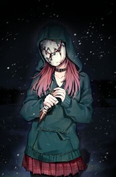 1girl absurdres belt_collar black_hoodie collar commentary_request dark_background dead_by_daylight gu_gu_ya highres holding holding_knife hood hood_up hoodie knife mask night pink_hair pleated_skirt red_skirt skirt solo susie_lavoie the_legion_(dead_by_daylight)