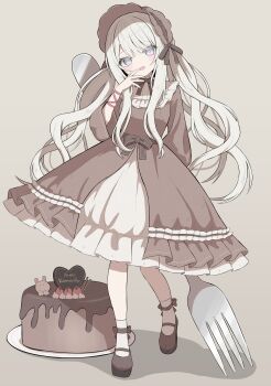 Rule 34 | 1girl, :d, absurdres, black bow, black bowtie, blue eyes, blunt bangs, blush, bonnet, bow, bowtie, brown bonnet, brown dress, brown shoes, cake, chocolate cake, dress, food, fork, full body, grey background, highres, long hair, long sleeves, looking at viewer, mamiro, open mouth, original, oversized object, plate, shoes, simple background, smile, socks, solo, standing, white hair, white socks