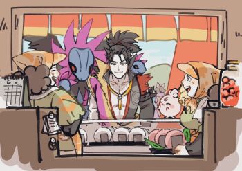 Rule 34 | black eyes, black hair, brown hair, calendar, food, gen 2 pokemon, gen 5 pokemon, highres, hydreigon, igglybuff, japanese clothes, mori ranmaru (sengoku musou), nintendo, npc trainer, oda nobunaga (sengoku musou), on shoulder, onigiri, pectorals, pichu, pokemon, pokemon (creature), pokemon conquest, pokemon on shoulder, satiko0222, sengoku musou, smile, spiked hair, storefront, topknot