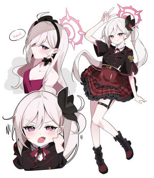 1girl 1other arm_up black_hairband black_shoes blue_archive blush chaum cheek_pinching closed_mouth dress earrings full_body hairband halo high-waist_skirt highres jewelry long_hair looking_at_viewer mutsuki_(blue_archive) mutsuki_(dress)_(blue_archive) official_alternate_costume pearl_earrings pinching pointy_ears purple_eyes purple_halo red_dress red_halo red_skirt shoes side_ponytail simple_background skirt sleeveless sleeveless_dress smile v v-shaped_eyebrows white_background white_hair