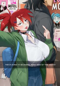 1boy 2girls absurdres aqua_hair aqua_skin backpack bag black_choker blue_skirt blush breasts broly_(dragon_ball_super) button_gap choker collared_shirt colored_skin crossover dragon_ball ear_piercing earrings english_text foster&#039;s_home_for_imaginary_friends frankie_foster green_jacket grey_shirt hair_ornament hairclip highres huge_breasts jacket jenny_wakeman jewelry love_hotel middle_finger multiple_crossover multiple_girls my_life_as_a_teenage_robot nia_(nia4294) piercing pleated_skirt red_hair seggs_(meme) selfie shirt skirt solo_focus tongue tongue_out white_shirt