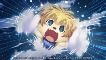 1other @_@ animal_ears animal_nose atelier-moo blonde_hair blue_eyes blue_scarf blurry blurry_background body_fur brown_fur company_name copyright_notice creature dog_ears emphasis_lines fangs game_cg gloves hair_between_eyes looking_at_viewer motion_blur motion_lines non-web_source open_hands open_mouth outstretched_arms panicking partially_submerged peril scarf screaming short_hair solo teddy_(yuukyuu_gensoukyoku) upper_body water white_gloves yuukyuu_gensoukyoku yuukyuu_gensoukyoku_revival