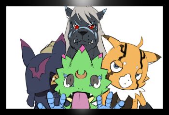 bakeneko_illustrator belt blue_eyes chiropmon digimon digimon_(creature) digimon_beatbreak gekkomon looking_at_viewer murasamemon pristimon red_eyes tongue tongue_out