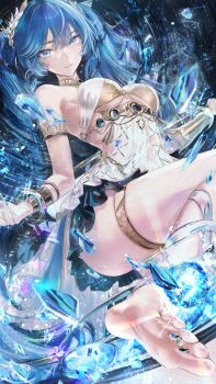 1girl absurdres armlet bare_shoulders barefoot blue_eyes blue_hair breasts character_name commentary english_commentary feet gold_bra hair_belt highres iuno_(wuthering_waves) jewelry laurel_crown long_hair looking_at_viewer medium_breasts multicolored_hair parted_lips renoahh revision smile soles solo streaked_hair thighlet thighs toe_ring toes twintails underboob wuthering_waves