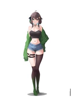 1girl absurdres ahoge asymmetrical_legwear black_choker black_thighhighs blue_hair bow breasts brown_eyes brown_hair choker collarbone colored_inner_hair commentary crop_top cross-shaped_pupils denim denim_shorts extromox full_body gradient_thighhighs green_bow green_eyes green_jacket hair_bow hair_flaps hair_ornament hand_on_own_hip heterochromia highres indie_virtual_youtuber jacket large_breasts long_sleeves looking_at_viewer medium_hair meica_(vtuber) midriff multicolored_hair navel o-ring o-ring_thigh_strap off_shoulder pendant_choker short_shorts shorts simple_background spanish_commentary standing star_(symbol) star_hair_ornament stomach symbol-shaped_pupils thigh_strap thighhighs uneven_legwear white_background