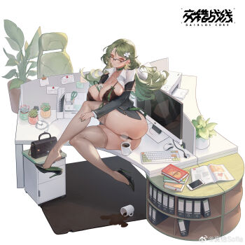 1girl ass black_bag black_bra black_jacket black_panties black_shoes black_skirt book book_stack bra breasts business_suit cellphone chair character_request choker coffee coffee_mug computer computer_keyboard computer_mouse copyright_name covered_erect_nipples crosscore cup desk earrings electric_plug flower folder formal_clothes full_body furrowed_brow glasses green_choker green_hair green_nails grey_thighhighs hair_flower hair_ornament high_heels highres id_card jacket jewelry joker_(stjoker) lace lace-trimmed_bra lace_trim lanyard large_breasts logo long_hair looking_down miniskirt monitor mug off_shoulder office_chair office_lady official_alternate_costume official_art on_desk open_book open_clothes open_shirt panties pen pencil_skirt phone plant potted_plant printer reflection scissors shirt shoe_dangle shoes sitting skindentation skirt skirt_suit smartphone solo spill steam succulent_plant suit sweat swivel_chair thighhighs underwear watermark weibo_watermark white_background white_flower white_shirt yellow_eyes