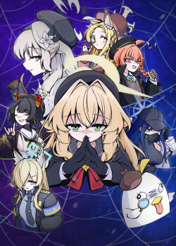 6+girls :d ;d ahoge alternate_costume animal_ear_fluff animal_ears baseball_cap beret bird bird_on_hand black_gloves black_hair black_halo black_hat black_jacket black_necktie blonde_hair blue_archive blue_hair blue_halo blunt_bangs braid brown_hat closed_mouth collared_shirt commentary_request cropped_torso deerstalker demon_girl demon_horns detective earrings extra_ears fingerless_gloves flower fluffy_hair fox_ears fox_girl fox_shadow_puppet frown gloves green_eyes grey_shirt hair_between_eyes hair_flower hair_intakes hair_ornament hair_over_one_eye halo hand_on_headwear hand_up hat highres himari_(blue_archive) holding holding_magnifying_glass hoop_earrings horns huge_ahoge jacket jewelry kanaeco25 kanna_(blue_archive) long_hair long_sleeves looking_at_viewer lower_teeth_only magnifying_glass mask mole mole_under_eye monocle mouth_mask multiple_girls necktie neru_(blue_archive) niya_(blue_archive) one_eye_closed one_eye_covered open_clothes open_jacket open_mouth orange_eyes orange_hair own_hands_together parted_bangs parted_lips peroro_(blue_archive) pointy_ears police police_uniform policewoman professor_niyaniya_(blue_archive) profile purple_eyes rectangular_halo saori_(blue_archive) seia_(blue_archive) sharp_teeth shirt short_hair sidelocks silk single_braid sleeves_past_fingers sleeves_past_wrists slit_pupils smile spider_web steepled_fingers straight_hair teeth tongue tongue_out upper_body v-shaped_eyebrows white_flower white_halo yellow_eyes yellow_halo