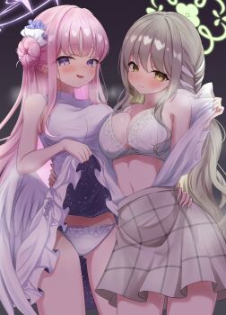 2girls angel_wings blue_archive blush bra breast_press breasts brown_hair brown_skirt cleavage closed_mouth collarbone dress feathered_wings flower green_halo hair_bun hair_flower hair_ornament halo hand_on_another&#039;s_waist highres looking_at_viewer low_wings medium_breasts mika_(blue_archive) miyo_(blue_archive) multiple_girls navel open_mouth panda_90321 panties pink_hair pink_halo purple_eyes shirt single_hair_bun single_side_bun skirt sleeveless sleeveless_dress smile stomach symmetrical_docking underwear undressing white_bra white_dress white_hair white_panties white_shirt white_wings wings yellow_eyes
