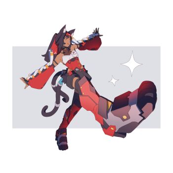 1girl absurdres animal_ear_fluff animal_ears aragiken barcode barcode_tattoo bare_shoulders black_hair border cable cable_tail cat_ears cat_girl cat_tail commentary corset detached_sleeves english_commentary facial_mark forehead_mark forehead_tattoo grey_background hairband highres mechanical_tail multiple_tails nekomiya_mana open_mouth outside_border outstretched_arms red_corset red_eyes red_hairband red_sleeves solo sparkle standing standing_on_one_leg tail tattoo triangle triangle_facial_mark two_tails white_border zenless_zone_zero