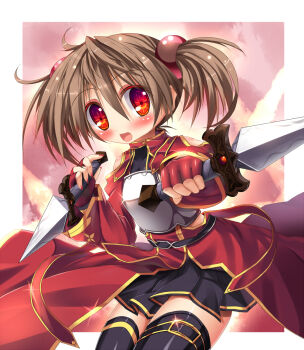 10s 1girl :d armor bad_id bad_pixiv_id black_thighhighs breastplate brown_hair dagger dual_wielding highres holding knife nagai_wataru nail_polish open_mouth short_twintails silica skirt smile sword_art_online thighhighs twintails weapon