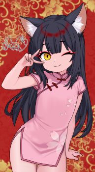 1boy ;) absurdres animal_ears black_hair china_dress chinese_clothes commentary_request dress floral_background fox_boy fox_ears highres indie_virtual_youtuber itsuki_tsukumo_(artist) itsuki_tsukumo_(vtuber) long_hair looking_at_viewer one_eye_closed pink_dress red_background short_dress short_sleeves simple_background smile trap v v_over_eye virtual_youtuber yellow_eyes
