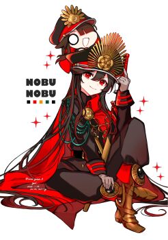 black_hair black_jacket black_pants cape collared_cape commentary_request crest family_crest fate/grand_order fate_(series) full_body gloves hat highres jacket katana keikenchi_(style) long_sleeves medallion military_hat mini_nobu_(fate) oda_nobunaga_(fate) oda_uri pants peaked_cap red_cape red_eyes sheath sheathed sitting sparkle sword twitter_username weapon white_background white_gloves yui_(tamagohan)