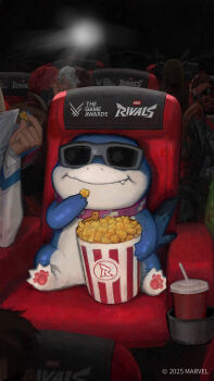 absurdres blade_(marvel) colored_bangs commentary emma_frost english_commentary fins fish_tail food gambit highres jeff_(marvel) kiss magik_(x-men) marvel marvel_rivals multicolored_hair neo_jpeg popcorn rogue_(x-men) shark shark_fin shark_tail sharp_teeth soda split-color_hair sunglasses superhero_costume tail teeth x-men