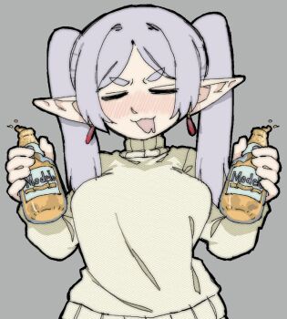 1girl alcohol alternate_breast_size_(larger) beer beer_bottle blush bottle breasts closed_eyes contemporary drooling drunk frieren grey_hair holding holding_bottle large_breasts modelo_(beer) pantsu-ripper pointy_ears solo sousou_no_frieren sweater thick_thighs thighs turtleneck turtleneck_sweater twintails upper_body v-shaped_eyebrows yellow_sweater