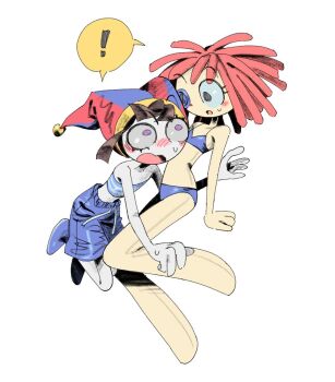 ! 2girls bikini black_hair blue_bikini blue_hat blue_shoes blue_shorts colored_skin commentary hashtag-only_commentary hat jester_cap multiple_girls official_alternate_costume pomni_(the_amazing_digital_circus) ragatha_(the_amazing_digital_circus) red_hair red_hat shoes short_hair shorts spoken_exclamation_mark surprised swimsuit the_amazing_digital_circus two-tone_hat white_skin wktmqtj