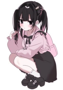 1girl arm_on_own_leg backpack bag black_bow black_eyes black_hair black_hairband black_shoes black_skirt blush bow closed_mouth commentary full_body gradient_hair hair_intakes hairband highres jewelry jirai_kei long_hair looking_at_viewer multicolored_hair necklace original pendant pink_bag pink_shirt shirt shoes simple_background skirt socks solo squatting twintails usausausabarasi white_background white_socks