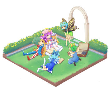 6+girls absurdres american_flag_dress american_flag_legwear antennae aqua_hair arch blonde_hair blue_bow blue_dress blue_hair blush book bow bowtie breasts briefcase butterfly_wings capelet cirno clownpiece commentary_request crescent crescent_hat_ornament daiyousei detached_wings dress eternity_larva fairy fairy_wings flower garden green_dress green_hair hair_bow hat hat_ornament highres holding holding_book ice ice_wings insect_wings jester_cap large_breasts leaf leaf_on_head leaning_on_person leaning_to_the_side lily_white long_hair lying mob_cap multicolored_dress multiple_girls on_stomach open_book open_mouth pantyhose patchouli_knowledge pink_capelet pink_hat polka_dot polka_dot_headwear purple_eyes purple_hair purple_hat reading red_bow red_bowtie red_eyes sitting sleeping sleeping_on_person smile star_(symbol) star_print striped_clothes striped_dress striped_pantyhose touhou white_capelet white_dress white_hat wings yellow_bow yellow_flower yellow_wings yoruniwa