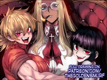 3girls alucard_(hellsing) black_hair blonde_hair blood blood_on_clothes blue_eyes breasts cigar commentary cross english_commentary girlycard glasses hellsing integra_hellsing large_breasts long_hair looking_at_viewer mouth_hold multiple_girls muscular muscular_male paid_reward_available red_eyes seras_victoria serious short_hair smile smoking the_golden_smurf vampire yuri