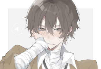 Rule 34 | 1boy, bandage on neck, bandaged arm, bandaged neck, bandages, blush, bolo tie, border, brown coat, brown eyes, brown hair, bungou stray dogs, coat, collared shirt, commentary request, crying, dazai osamu (bungou stray dogs), hand on own cheek, hand on own face, highres, iori 0217, looking at viewer, male focus, outside border, shirt, simple background, solo, spoken squiggle, squiggle, white border, white shirt