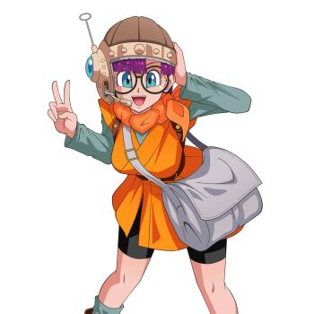 1girl belt bike_shorts blue_eyes breasts chrono_trigger gary_shinta glasses helmet looking_at_viewer lucca_ashtear open_mouth purple_hair scarf short_hair simple_background smile solo v white_background