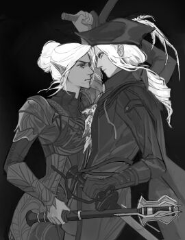 Rule 34 | 2girls, absurdres, baldur's gate, baldur's gate 3, black background, bloodborne, coat, cowboy shot, crossover, dark elf, dungeons & dragons, dungeons &amp; dragons, elbow gloves, elf, eye contact, gloves, greyscale, hair bun, hat, hat feather, highres, holding, holding mace, holding sword, holding weapon, kanaewit, lady maria of the astral clocktower, long hair, looking at another, mace, minthara, monochrome, multiple girls, pointy ears, simple background, single hair bun, sword, tricorne, weapon