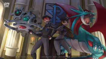1boy 1girl :o absurdres artist_name belt black_belt black_boots black_gloves black_hat black_vest bodysuit boots brown_eyes brown_hair candle claws commentary commission deviantart_username dragon dragon_wings elbow_gloves english_commentary fangs fire floating gears gen_3_pokemon gen_5_pokemon gloves grey_bodysuit grey_mask hat highres indoors instagram_username klinklang logan_cure long_hair long_sleeves mask mouth_mask nintendo open_mouth patreon_username pillar pokemon pokemon_(creature) pokemon_bw2 red_eyes red_hair red_wings salamence short_hair standing team_plasma team_plasma_grunt team_plasma_uniform vest watermark web_address wings