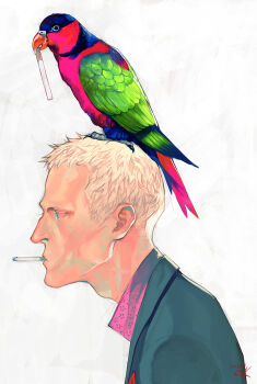 1boy animal animal_on_head bird black_suit blonde_hair blue_eyes cigarette collared_shirt ctkcave formal_clothes from_side holding holding_cigarette male_focus on_head original parrot patterned_clothing pink_shirt shirt short_hair simple_background smoking solo suit white_background