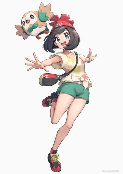 Rule 34 | 1girl, absurdres, bag, beanie, bird, black hair, blue eyes, blush, breasts, collarbone, commentary request, floral print, full body, gen 7 pokemon, gonzarez, green shorts, hat, highres, looking at viewer, nintendo, open mouth, outstretched arms, owl, pokemon, pokemon (creature), pokemon sm, red hat, rowlet, selene (pokemon), shirt, shoes, short hair, short sleeves, shorts, simple background, small breasts, smile, spread arms, t-shirt, teeth, tied shirt, upper teeth only, white background, yellow shirt