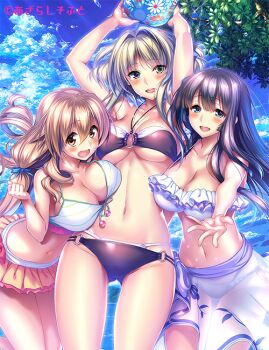 3girls amakano bikini black_hair blue_eyes blue_sky breasts brown_eyes brown_hair cloud cloudy_sky copyright_notice day green_eyes heterochromia hoshikawa_koharu kanbayashi_mizuki large_breasts looking_at_viewer mismatched_bikini multiple_girls o-ring o-ring_bikini official_art open_mouth orange_bikini piromizu purple_eyes sky standing swimsuit takayashiro_sayuki white_bikini