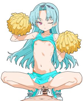 1boy 1girl bar_censor blue_hair censored cheerleader cum cum_in_pussy expressionless flat_chest hetero highres long_hair looking_at_viewer matuo3232 miniskirt navel nipples one_eye_closed penis pink_eyes pom_pom_(cheerleading) rance_(series) sengoku_rance sex shinobu_(rance) shoes simple_background skirt sneakers solo_focus squatting_cowgirl_position textless_version vaginal white_background