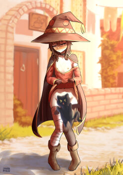 >_< 1girl :| arch artist_name bandaged_leg bandages bat_wings black_cape black_cat black_choker black_gloves black_hat black_thighhighs blurry blurry_background blush boots breasts brown_boots brown_hair building cape cat choker chomusuke closed_mouth clothes_lift clothes_pull commentary convenient_censoring door dress dress_lift dress_pull dusk embarrassed english_commentary exhibitionism female_focus fingerless_gloves flashing foliage full_body gloves grass groin hair_between_eyes half-closed_eyes hat head_tilt highres humiliation jumping knees_together_feet_apart kono_subarashii_sekai_ni_shukufuku_wo! lifting_own_clothes loli looking_away looking_down megumin midriff motion_blur motion_lines navel nipples no_bra no_panties nose_blush nyaxxy outdoors paid_reward_available path public_indecency public_nudity raised_eyebrows red_eyes road shadow short_hair short_hair_with_long_locks single_thighhigh small_breasts solo standing stone_wall sunset thighhighs turning_head wall wavy_mouth wings witch_hat yonic_symbol