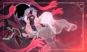 1boy 1girl apparition artist_name bandage_in_mouth bandage_on_face bandage_over_one_eye bandaged_arm bandaged_torso bandages bare_shoulders black_hole border bright_pupils cleavage_cutout clothing_cutout couple curtained_hair detached_sleeves dress extra_hands genshin_impact glowing_pupils hair_intakes hair_over_one_eye hands_on_another&#039;s_face height_difference highres hole_in_chest hole_on_body looking_at_another ornate_border red_background red_eyes rerir_(genshin_impact) sabinokami short_hair shoulder_spikes spikes tholindis_(genshin_impact) veil white_hair white_pupils wide-eyed