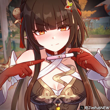 1girl absurdres blush breasts brown_hair cleavage collarbone colored_extremities commentary criss-cross_straps english_commentary highres holding holding_pregnancy_test honkai:_star_rail honkai_(series) jimpu6 lingsha_(honkai:_star_rail) long_hair looking_at_viewer medium_breasts orange_eyes pointing pointy_ears pregnancy_test red_hands solo twitter_username upper_body