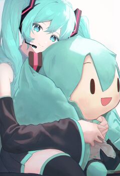 1girl ame_miya_ta bare_shoulders black_boots black_skirt blue_eyes blue_hair blush boots character_doll closed_mouth collared_shirt commentary_request detached_sleeves doll fuwapuchi grey_shirt hair_between_eyes hair_ornament hatsune_miku headphones highres hugging_doll hugging_object long_hair long_sleeves looking_at_viewer microphone miniskirt open_mouth pleated_skirt shirt simple_background sitting skirt smile solid_oval_eyes solo thigh_boots twintails vocaloid white_background wide_sleeves