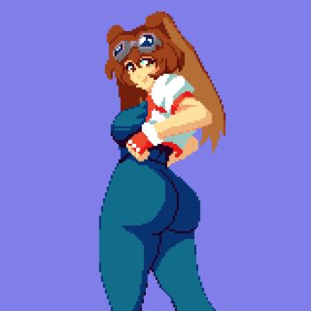 1girl ass breasts brown_eyes brown_hair clenched_hands fingerless_gloves gloves goggles goggles_on_head hands_on_own_hips highres huge_ass jacket large_breasts legs looking_at_viewer looking_back makihara_arina open_clothes open_jacket open_mouth pants pixel_art rabbit_ears short_hair sideboob smile solo thick_thighs thighs tongue unitard waku_waku_7