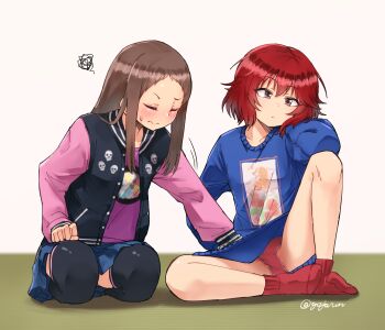 2girls accidental_exposure black_legwear blue_skirt blush brown_eyes brown_hair casual closed_eyes collarbone covering_another's_crotch expressionless forehead gojarun highres idolmaster idolmaster_cinderella_girls indoors jacket koseki_reina leg_up legs letterman_jacket loli long_hair long_sleeves medium_hair messy_hair miniskirt motion_lines multiple_girls murakami_tomoe namco neck no_pants panties pantyshot plaid_clothes plaid_skirt print_shirt print_sweater purple_eyes purple_shirt red_hair red_panties seiza shirt sitting skirt skull_print socks spread_legs squiggle sweatdrop sweater thighhighs underwear wavy_mouth worried