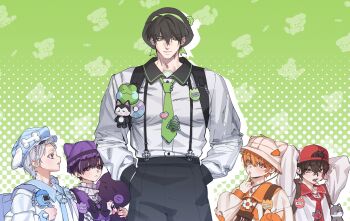 Rule 34 | 5boys, absurdres, aged down, backpack, bag, black hair, black pants, blue eyes, cat, commentary request, covered pectorals, frog, green background, green eyes, green necktie, hand in pocket, hat, highres, iro cloud, korean commentary, koyo tempest, large pectorals, looking at viewer, male focus, multiple boys, muscular, muscular male, necktie, nino sunday, orange eyes, orange hair, oto rainy, pants, pectorals, po tatopoison, polka dot, polka dot background, purple eyes, purple hair, red eyes, robo frostor, shirt, skoshism, stuffed toy, suspenders, virtual youtuber, white hair, white shirt