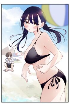 1boy 1girl ball beach beachball bikini black_bikini black_shorts blurry blurry_background blush boku_no_kokoro_no_yabai_yatsu breasts brown_eyes closed_mouth commentary_request cowboy_shot day foreshortening full_body highres ichikawa_kyoutarou kiyo_ishida large_breasts long_hair looking_at_viewer mole mole_on_neck multiple_moles navel official_alternate_costume official_alternate_hairstyle outdoors sand shirt shorts side-tie_bikini_bottom sky squatting swimsuit t-shirt twintails wet white_shirt yamada_anna