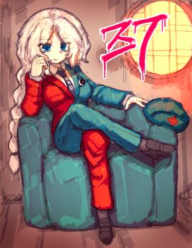 Rule 34 | 1girl, absurdres, adapted costume, alternate costume, blue eyes, braid, closed mouth, collared shirt, commentary, couch, green jacket, green pants, hat, highres, indoors, jacket, korean commentary, korean text, long hair, long sleeves, looking at viewer, multicolored jacket, necktie, no headwear, on couch, pants, purple necktie, rampa93, red jacket, red pants, shirt, single braid, sitting, smile, solo, touhou, translation request, two-tone jacket, two-tone pants, unworn hat, unworn headwear, variant set, very long hair, white shirt, yagokoro eirin