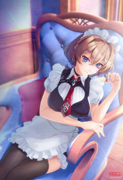 blue_eyes brown_hair candy chair food holding holding_candy holding_food holding_lollipop honkai_(series) honkai_impact_3rd lantern_(at_your_service)_(honkai_impact) lantern_(honkai_impact) lollipop maid maid_headdress necktie short_hair sitting softiered
