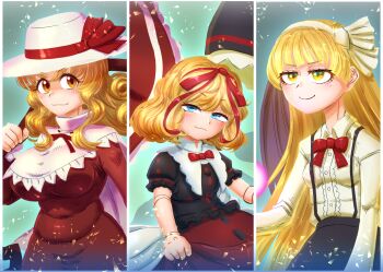 3girls absurdres bat_wings black_shirt black_skirt black_suspenders blonde_hair blue_eyes breasts cape center_frills collared_shirt curly_hair dress elly_(touhou) frilled_shirt frills hair_ribbon hairband half-closed_eyes hat hat_ribbon highres holding holding_scythe kirimomist kurumi_(touhou) long_hair medicine_melancholy multiple_girls neck_ribbon red_dress red_ribbon red_skirt ribbon scythe shirt short_sleeves skirt smile straight_hair suspender_skirt suspenders touhou touhou_(pc-98) white_cape white_hairband white_hat wings yellow_eyes