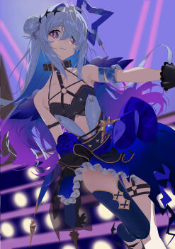 1girl amane_kanata amane_kanata_(another_world) arm_strap bandaged_arm bandages bandeau black_bandeau black_collar black_gloves blue_flower blue_hair blue_halo blue_rose blue_skirt blue_thighhighs blue_wings blurry blurry_background chest_harness closed_mouth collar colored_inner_hair commentary concert feathered_wings flat_chest flower frilled_skirt frills gloves gradient_hair grey_hair hair_bun halo halterneck harness heart heart_o-ring highres hololive koyo2023 lace_trim long_hair looking_at_viewer mini_wings multicolored_hair o-ring o-ring_harness o-ring_thigh_strap official_alternate_costume official_alternate_hairstyle purple_eyes purple_hair rose side_up_bun single_hair_bun single_hair_intake single_thighhigh skirt smile solo stage thigh_strap thighhighs virtual_youtuber wings
