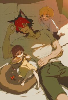 1girl 2bmm2 2boys absurdres animal_ear_fluff animal_ears black_hair black_pants blonde_hair body_fur brown_hair child closed_eyes commentary_request dog_boy dog_ears drawing_on_another&#039;s_face dress ear_piercing green_shorts hair_between_eyes hair_ornament hairclip highres komano_manato lying multicolored_hair multiple_boys muscular muscular_male on_back on_bed open_mouth pants pectorals piercing pillow red_hair scar scar_across_eye scar_on_arm scar_on_face shirt short_hair shorts sleeping t-shirt white_shirt yellow_dress zenless_zone_zero