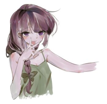 1girl :p arm_out_of_frame bare_shoulders blush bocchi_the_rock! bow braid dress green_dress hair_bow hair_over_shoulder highres hiroi_kikuri korean_commentary l4y1a_laya long_hair looking_at_viewer purple_eyes purple_hair ringed_eyes simple_background single_braid smile solo tongue tongue_out v v_over_mouth white_background