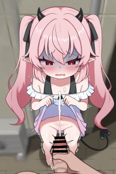 1boy 1girl absurdres bar_censor bare_shoulders barefoot black_horns black_ribbon black_tail blush censored clothes_lift collarbone commentary_request condenser_unit cum demon_girl demon_horns demon_tail dress dress_lift ejaculation flat_chest hair_ribbon heart heart_censor hetero highres horns korean_commentary lifting_own_clothes loli long_hair looking_at_penis looking_at_viewer looking_down male_masturbation masturbation navel no_panties off-shoulder_dress off_shoulder open_mouth original outdoors penis pink_hair pointy_ears pov projectile_cum purple_dress red_eyes ribbon shaded_face solo_focus standing star-shaped_pupils star_(symbol) symbol-shaped_pupils tail toes trembling twintails twitching_penis variant_set wavy_mouth zing_(z_z_zing)